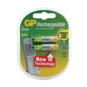 Батарейки аккумуляторные GP, AAA, Ni-Mh, 650 mAh, комплект 2 шт., в блистере, 65АAАНС-UC2