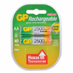 Батарейки аккумуляторные GP, комплект 2 шт., АА, Ni-Mh, 2500 mAh, блистер, 250AAHC-2DECRC2