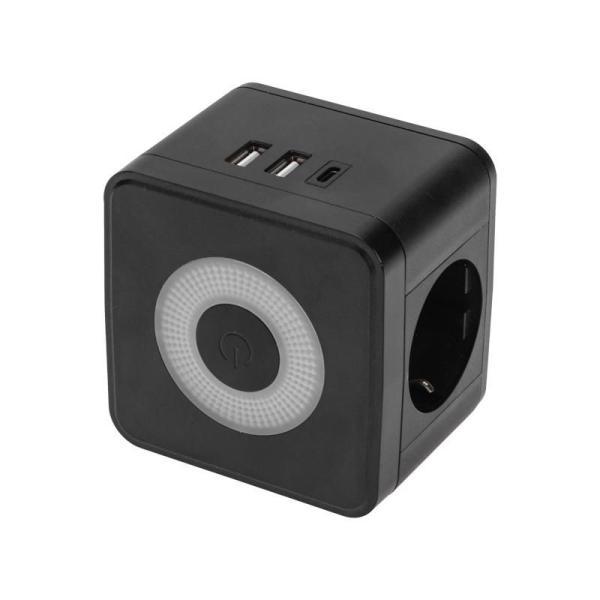 Двойник электрический Куб 16А с/з+2хUSB-A 2.4А+USB Type-C 3А с ночной подсветкой черн. Rex