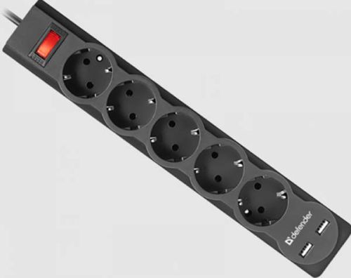 Фильтр сетевой 3м 10А 2200Вт 5 гнезд + 2 USB с заземлением черный DEFENDER