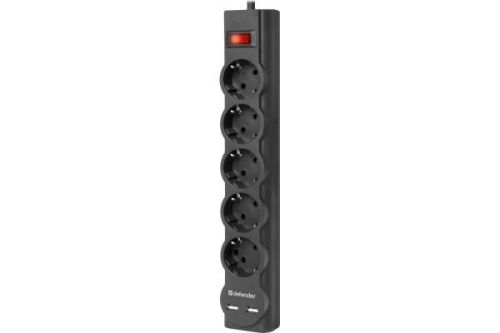 Фильтр сетевой 5м 10А 2200Вт 5 гнезд + 2 USB с заземлением черный DEFENDER
