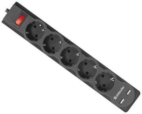 Фильтр сетевой Defender DFS751, 1,8 м, 5 розеток, 2xUSB, черный