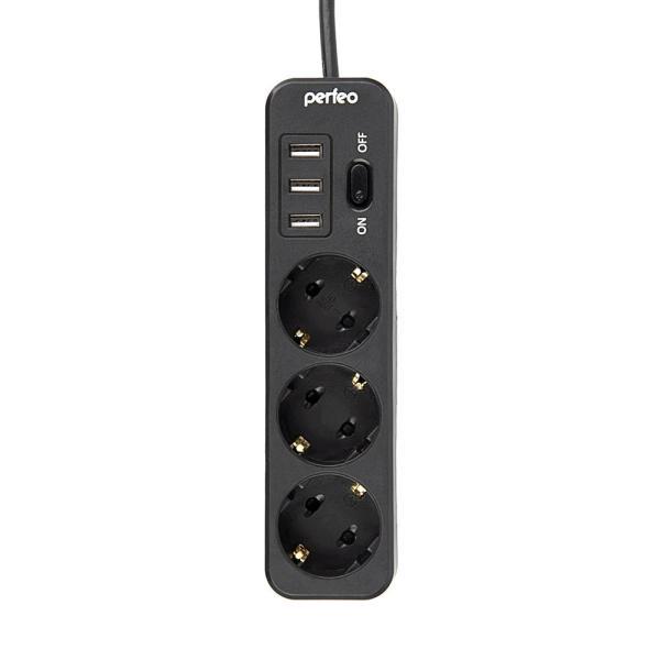 Фильтр сетевой Perfeo Power Stream 2500W, двойная защита, 2 м, 3 розетки, 3 USB, чёрный