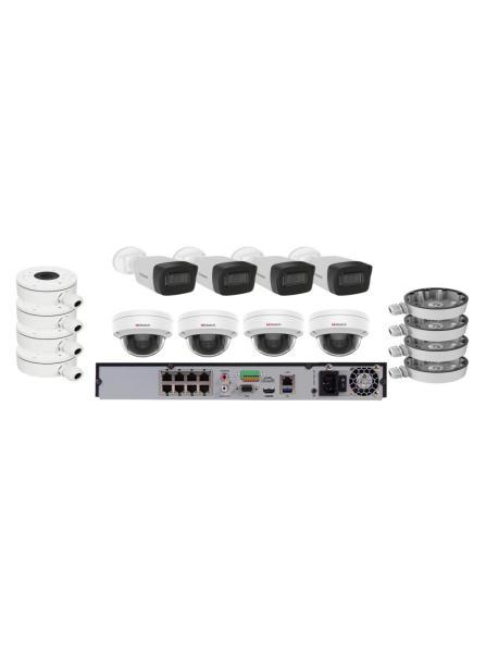 Комплект из 4-х купольных и 4-х цилиндрических IP камер HiWatch (4Mpx/2.8mm) с PoE