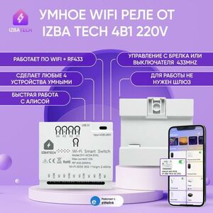 Реле контроллер с корпусом на 4 устройства 4в1 с WIFI + RF433 на 16А Izba Tech
