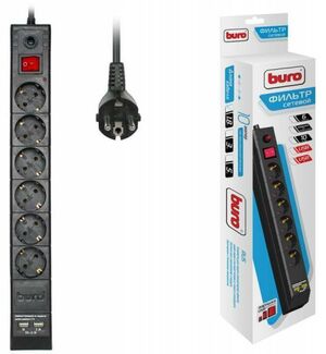 Сетевой фильтр Buro BU-SP1.8USB2A-B, 1.8м, черный