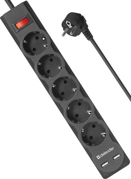 Сетевой фильтр Defender DFS 755, 5м, черный 99755