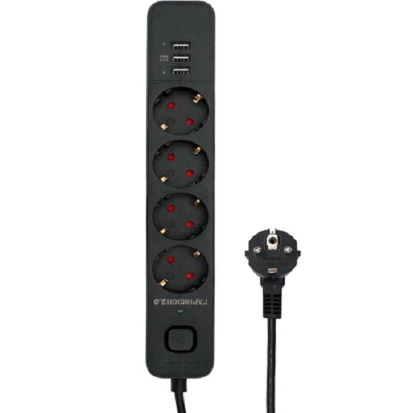 Сетевой фильтр Гарнизон, 4 розетки +3 USB 10 А, уровень защиты 2+ чёрный, 2 м EPS-4-U3-B-2