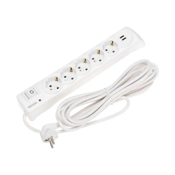 Сетевой фильтр Kranz 13-4701 5 гнезд, 5м, 3х1,5мм?, с автовыкл, 2 USB, белый
