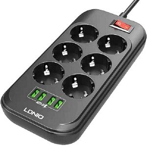 Сетевой фильтр LDNIO SE6403 - 6 розеток 2500Вт медь + USB зарядка 4 порта 3.4A, черный
