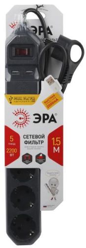 Сетевой фильтр USF-5es-1.5m-USB-B с базовой защитой с заземлением с выключателем 5 розето