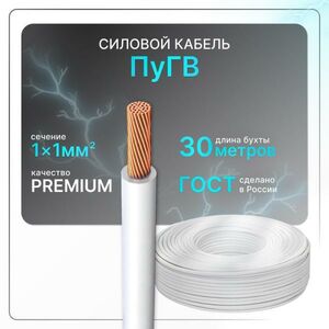 Силовой кабель ПуГВ 1х1 белый (100)ГОСТ ок, круглый, 30 м