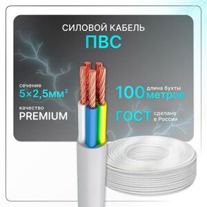 Силовой кабель ПВС 5x2,5 бел (100)ГОСТ круглый 100 м
