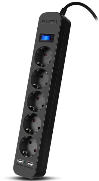 Sven Фильтр SVEN SF-05LU 3.0 м (5 евро розеток,2*USB(2,4А)) черный