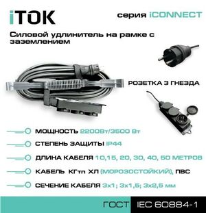 Удлинитель на рамке с заземлением серии iTOK iCONNECT ПВС 3х1 мм 3 гнезда IP44 15 м
