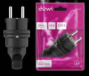 Вилка Duwi 16A каучуковая 90град с кольцом IP44 черная, с/з